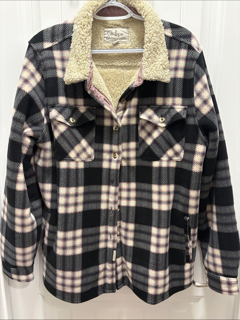 Soho Threads XXL Plaid Sherpa Lined Shacket Jacket Black Cream Pink